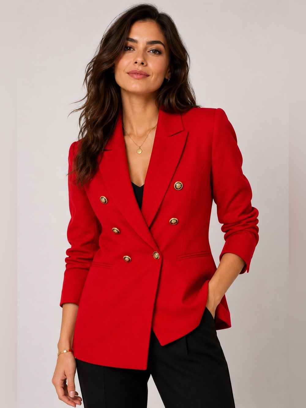 ZARA Red Double Breasted Military Blazer Gold Crest Buttons size  M Power Blazer